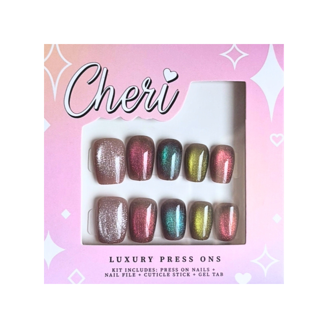 Colorful cat eye glitter nails, nude, blue, red, green glitter colors