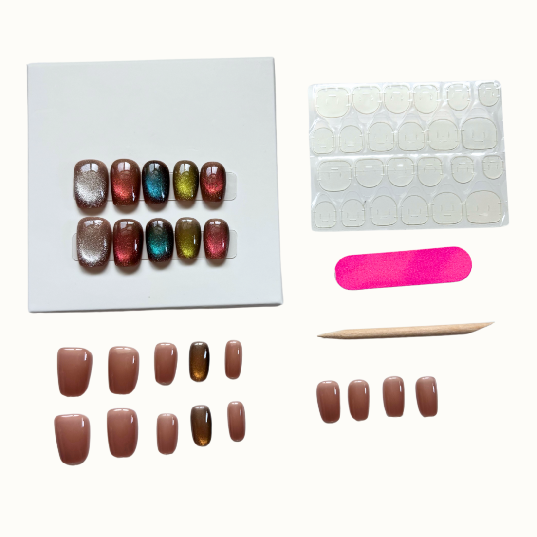 Colorful cat eye glitter nails, nude, blue, red, green glitter colors